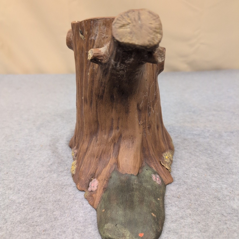 Vintage Tree Stump Ceramic Planter Bark Texture Heart Carving Brown Floral - Picture 12 of 13